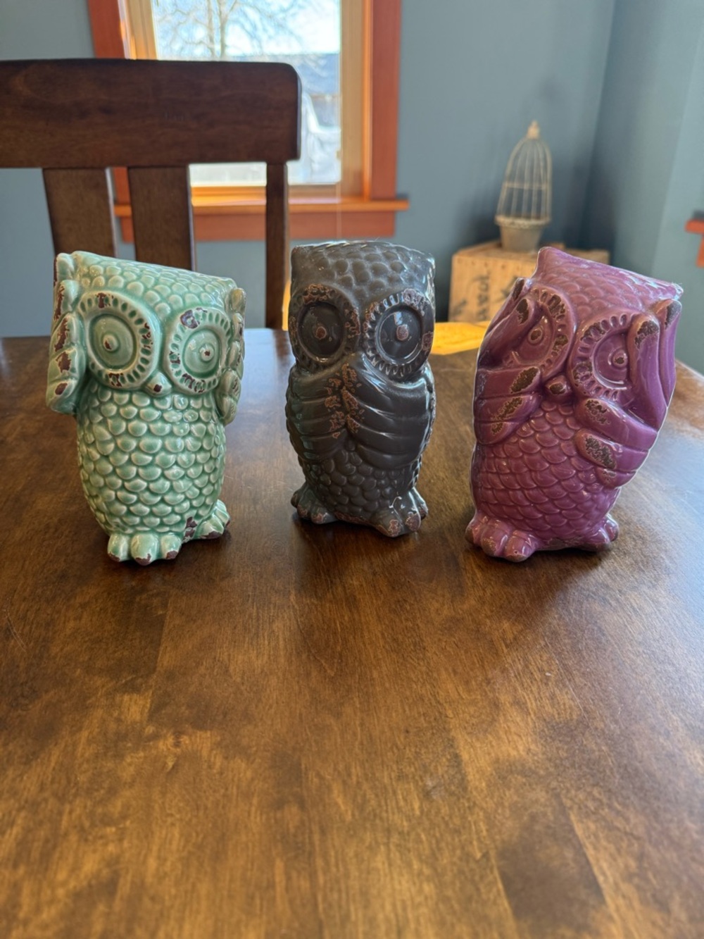 Ceramic Owl Figurine Trio - Mint, Charcoal, Plum